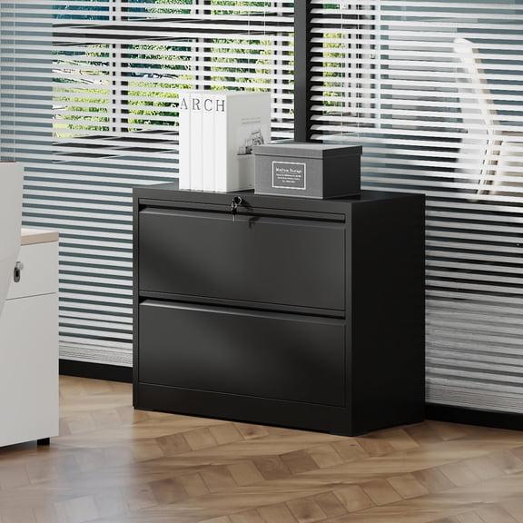 28.5" H 2-Drawer Lateral File Cabinet Modern Metal Filing Cabinet with Lock Space-Saving Wide Storage for Letter Legal A4 F4 Files for Home Office,Black Powder Coated