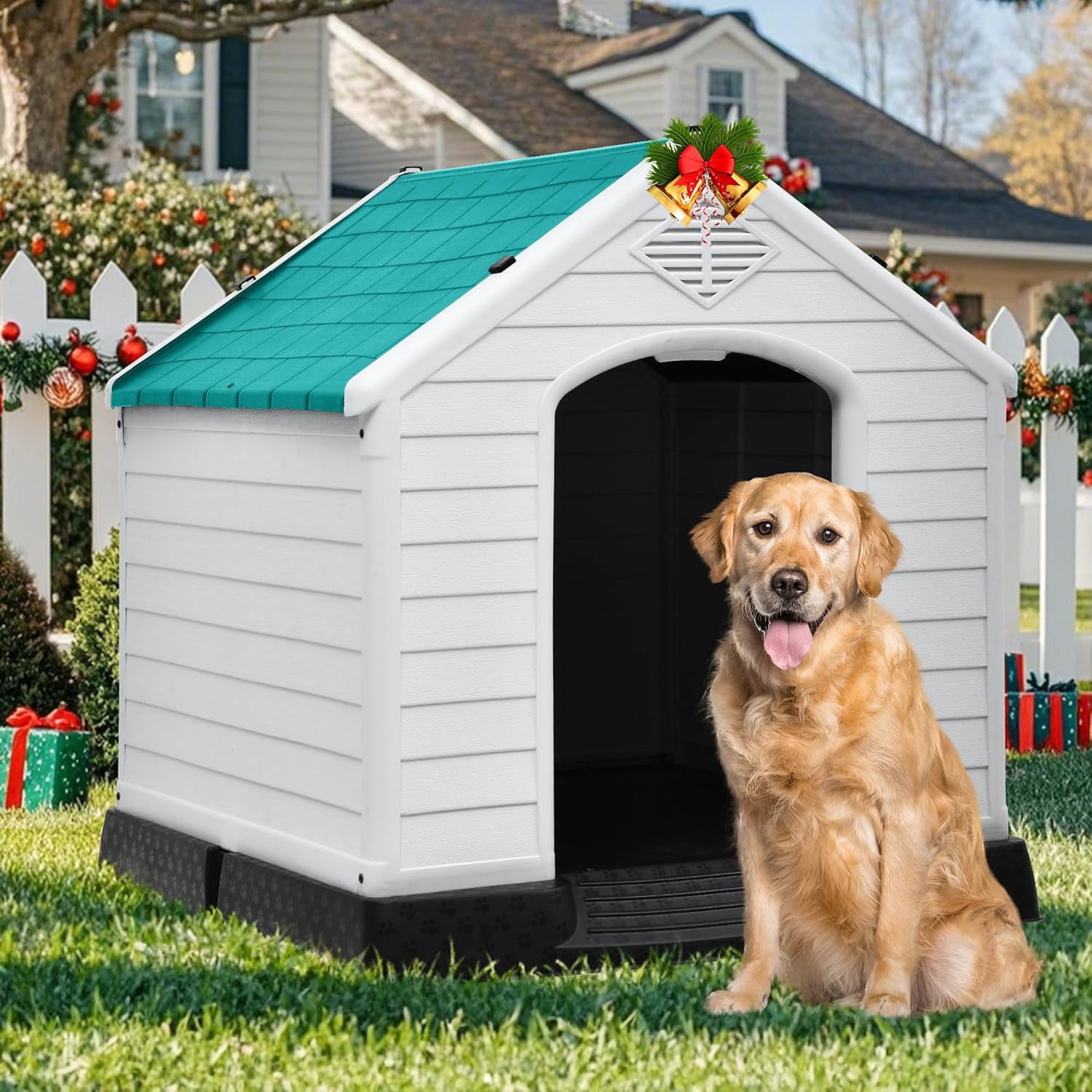 28.5'' Plastic Dog House Outdoor Indoor Doghouse Puppy Shelter Water Resistant Easy Assembly Sturdy Dog Kennel with Air Vents and Elevated Floor (28.5''L*26''W*28''H, Blue)