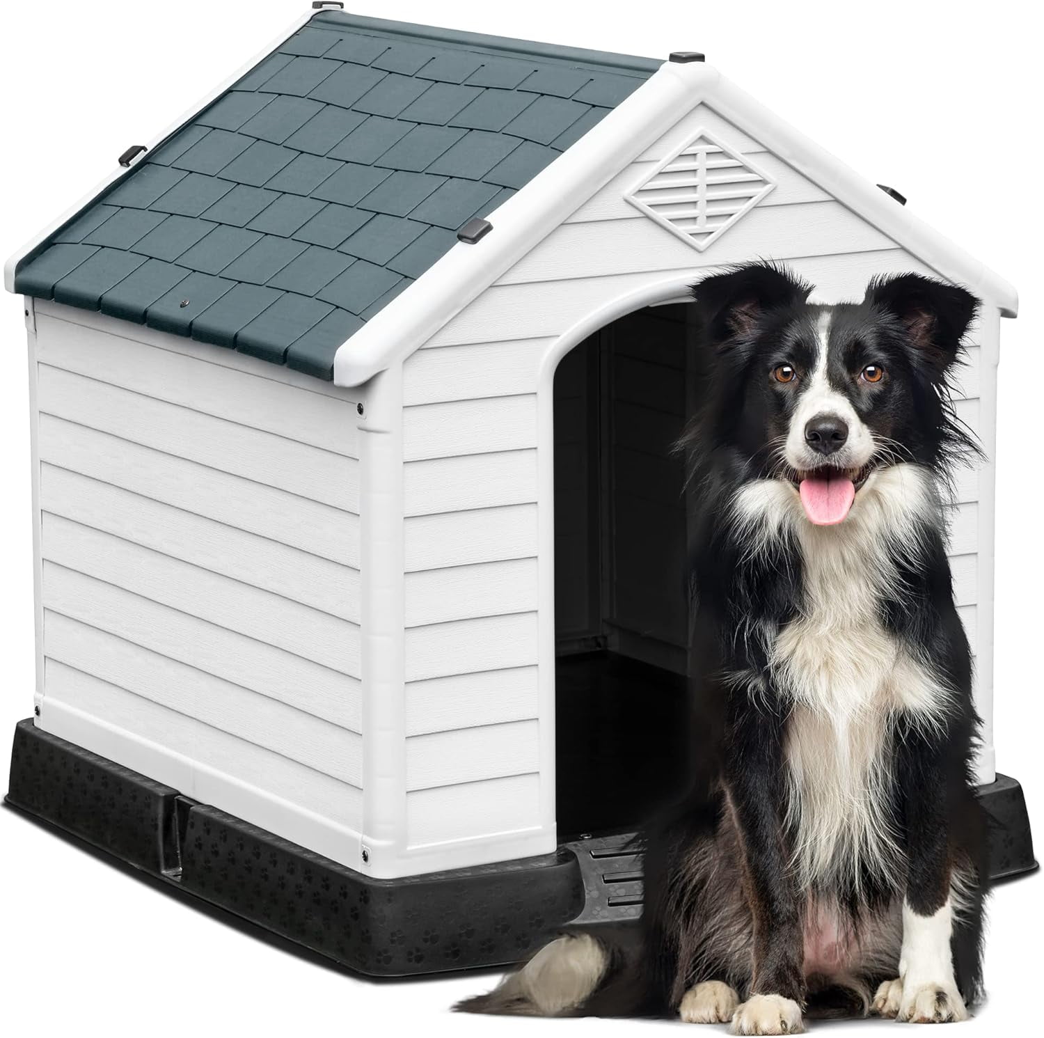 28.5'' Plastic Dog House Outdoor Indoor Doghouse Puppy Shelter Water Resistant Easy Assembly Sturdy Dog Kennel with Air Vents and Elevated Floor (28.5''L*26''W*28''H, Blue)