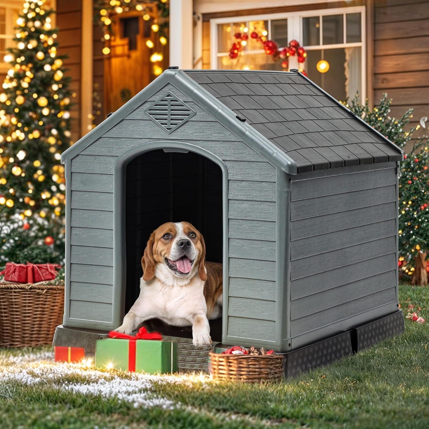 28.5'' Plastic Dog House Outdoor Indoor Doghouse Puppy Shelter Water Resistant Easy Assembly Sturdy Dog Kennel with Air Vents and Elevated Floor (28.5''L*26''W*28''H, Blue)