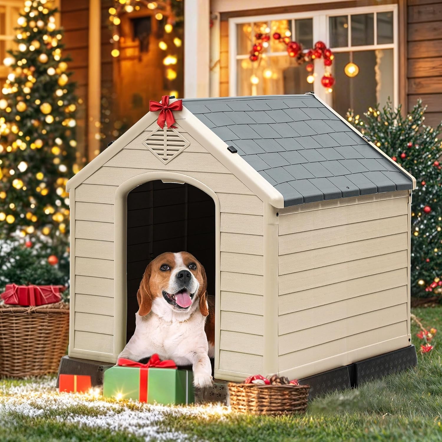 28.5'' Plastic Dog House Outdoor Indoor Doghouse Puppy Shelter Water Resistant Easy Assembly Sturdy Dog Kennel with Air Vents and Elevated Floor (28.5''L*26''W*28''H, Blue)