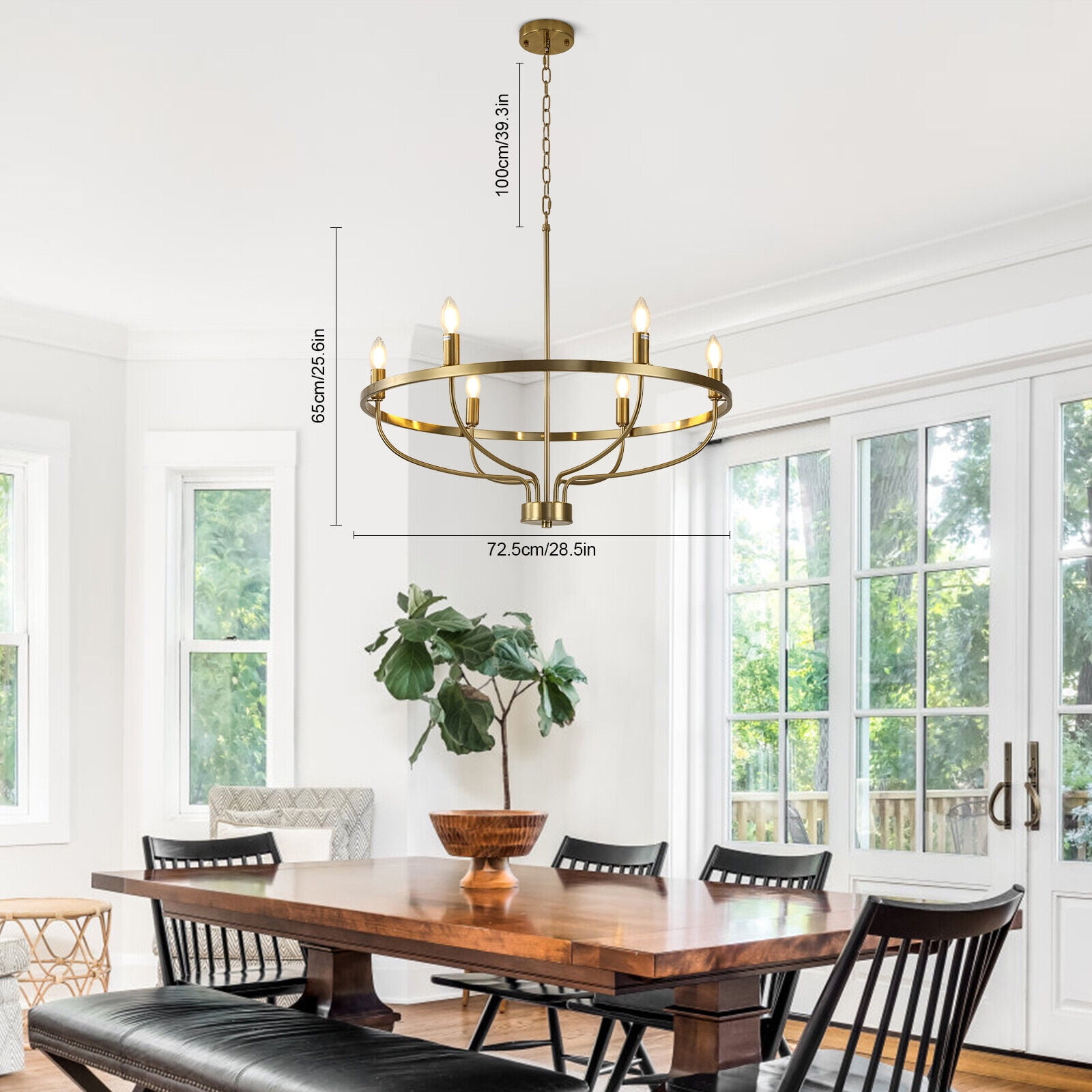 28" Gold Glass Drum Chandelier – Modern Farmhouse Pendant Light For Dining Room & High Ceilings