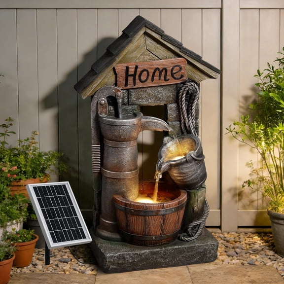 28.7" H Solar Outdoor Water Fountain,3-Tier Solar Powered Rustic Wishing Well Fountain Water Pump Cascading Waterfall Fountains Outside for Garden, Patio, Backyard, Porch/Two Placement Options