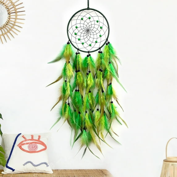 28.7 Inch Bohemia Feathers Dream Catcher Traditional Circular Net for Window Hanging Handmade Elegant Wall Art Decoration Ornament for Bedroom Wedding Party Biorthday Gift Valentine's Day(Green)