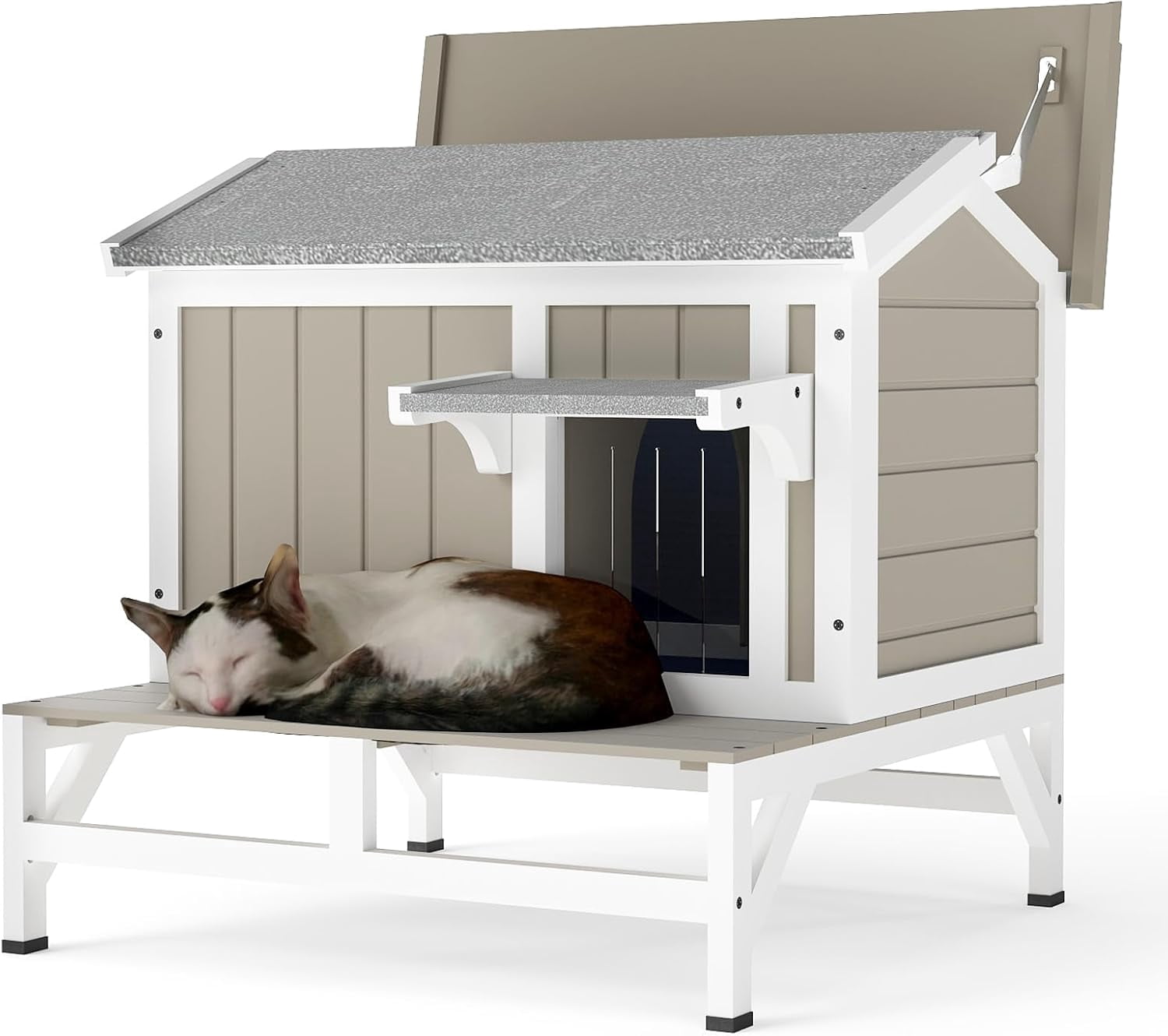 28.7"L Cat House Outdoor Feral Cat Shelter with Balcony,Weatherproof Cat Houses for Outdoor Cats with Openable Asphalt Roof,Wooden Feral Cat Enclosure with Raised Base for 1-3 Cats(GREY)
