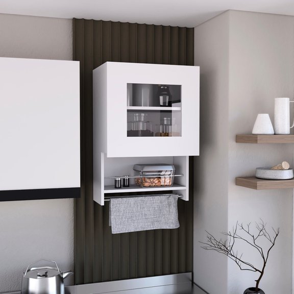 28.74 in. tall, white particle board - Single - door with two internal shelves - Kitchen wall space utilization - Keep items arranged