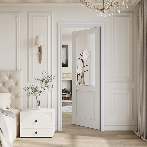 28"×80" Interior Slab Door Half-Mirror Solid Core White Primed Standard Door For Bedroom & Living Room