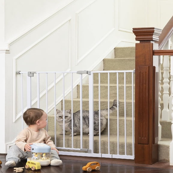 28.9-42.1" Wide Gate for Stairs & Doorways, 30" Tall Pressure Mounted Dog Gates for Stairs Expandable One-Hand Open, Easy Step Walk Through Dual Lock Metal Pet Gates for Dogs, White