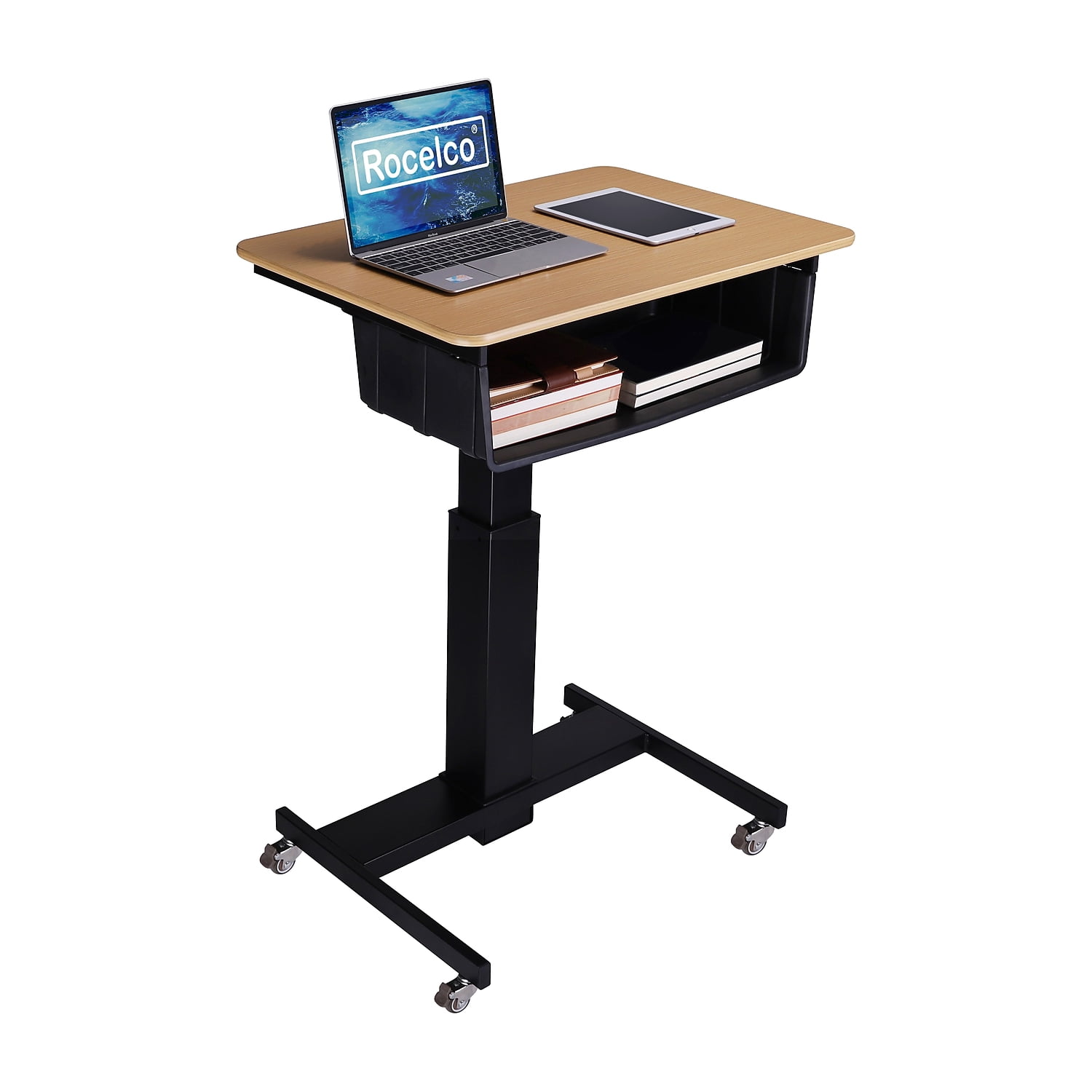 Rocelco 28" Height Adjustable Mobile School Standing Desk with Book Box | Quick Sit Stand Up Home Computer Workstation | Gas Spring Assist Office Laptop Riser Cart | Wood Grain (R MSD-28-BB)