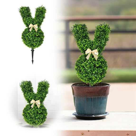 28'' Artificial Bunny Shaped Topiary Trees with Ground Spike, Outdoor Indoor Boxwood Topiary Ball Bushes Potted Shrubs Front Porch Decor Outside Garden