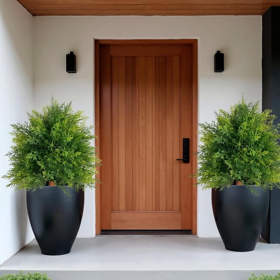 28" Artificial Cedar Topiary Ball Trees, 2 Pack Fake Plants with Resistant Evergreen Texture, Ground Spikes Faux Shrubs Bushes Artificial Plants for Outdoor Indoor Front Porch Garden Decor