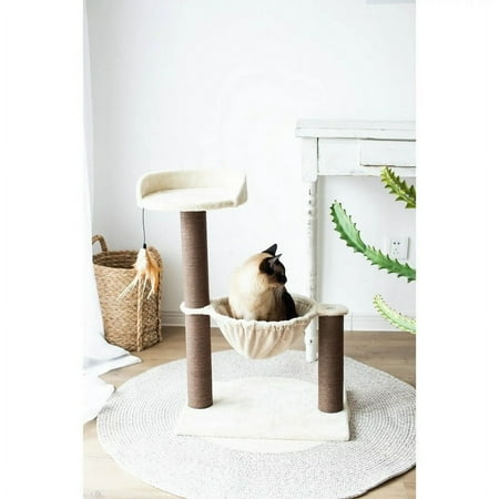 28" Beige 3-Level Cat Tree with Hammock Scratching Post Tower Beige