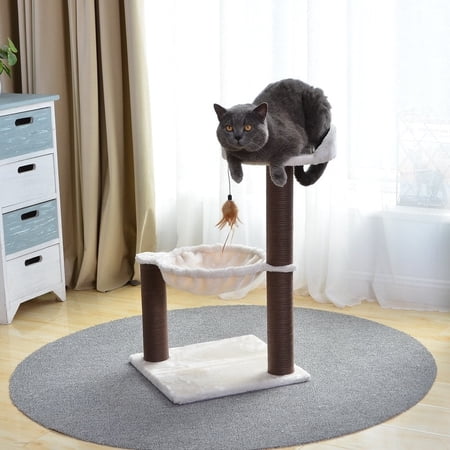 28" Beige 3-Level Cat Tree with Hammock Scratching Post Tower White