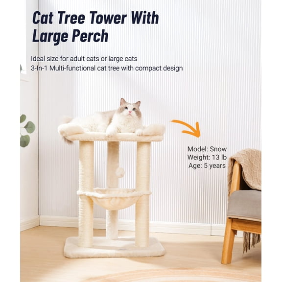 28" Beige Cat Tree Tower with Large Bed, Perch, Hammock and Posts