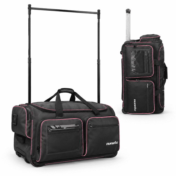 28" Black Pink Rolling Garment Dance Bag with Dual Support Rack