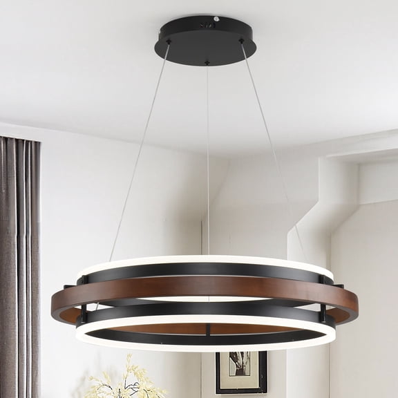 28" Black & Walnut Wood LED Chandelier, Dimmable Dual Ring Farmhouse Ceiling Light with Remote, Adjustable Height, Hardwired & Fully Assembled for Kitchen Island, Dining Room, Living Room