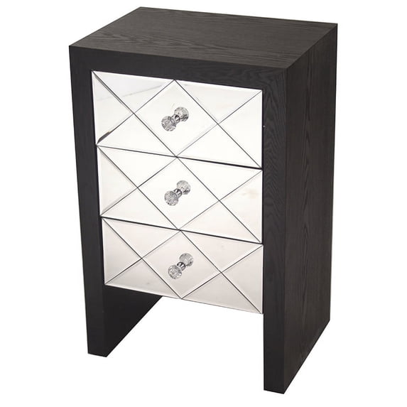 28' Black Wood Accent Cabinet with 3 Mirrored Glass Drawers