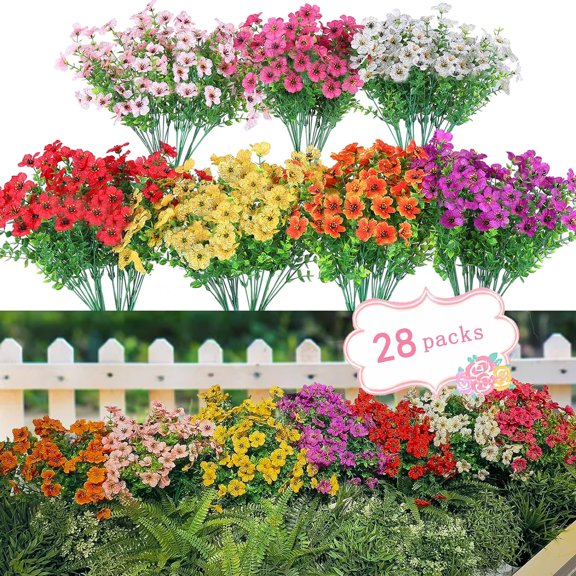 28 Bundles Artificial Plants & Flowers Silk Fake Flowers UV Resistant Bushes Plastic Artificial Flowers Faux Outdoor Indoor Plants for Spring Summer Patio Decorations(7 Colors)