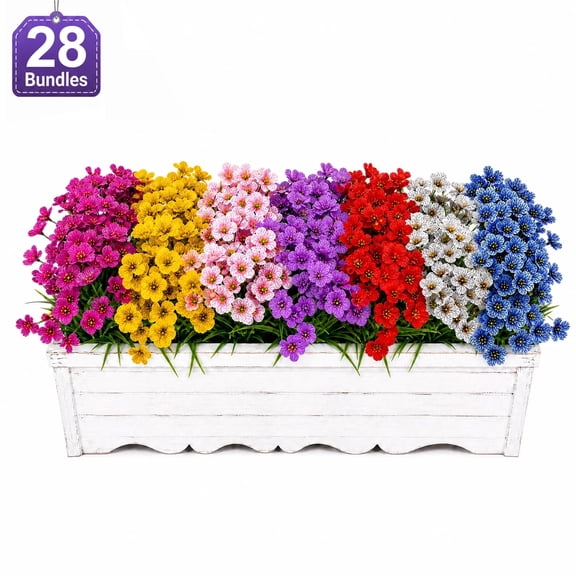 TICKJOY 28 Bundles Artificial Flowers for Outdoors, UV Resistant Artificial Flowers, Realistic Plastic Flowers for Porch, Patio, Garden, Balcony, Farmhouse Decoration (7 Color)