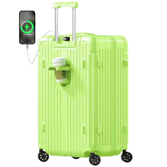 Checked Luggage PC ABS Hardshell Suitcase with Spinner Wheels TSA Lock USB Port and Cup Holder 28 inch AppleGreen