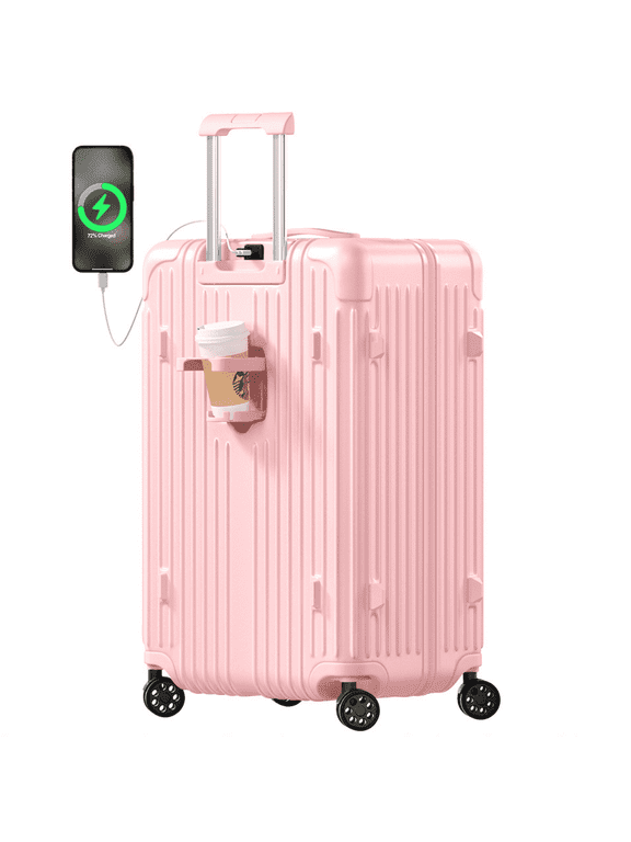 Checked Luggage PC ABS Hardshell Suitcase with Spinner Wheels TSA Lock USB Port and Cup Holder 28 inch Pink