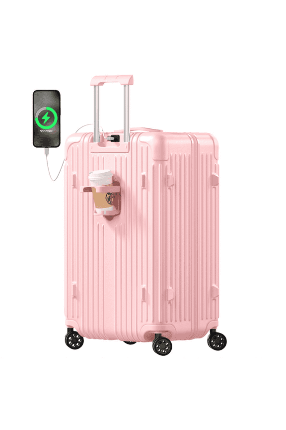 Checked Luggage PC ABS Hardshell Suitcase with Spinner Wheels TSA Lock USB Port and Cup Holder 28 inch Pink