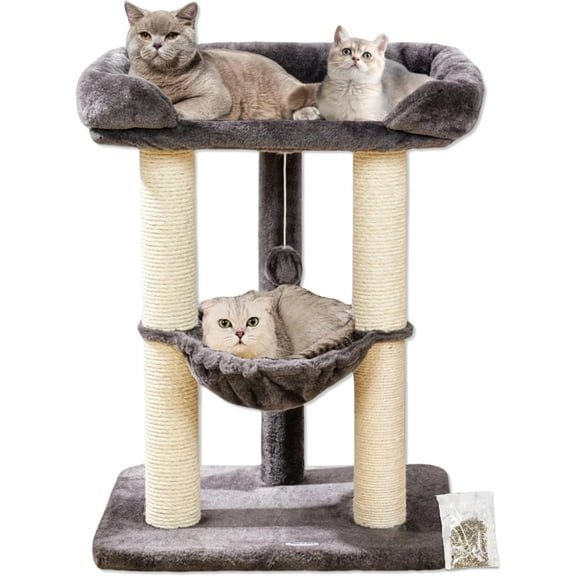 28" Cat Tree, Cat Tree Tower with 23.6x15.7 Inch Spacious Bed & Cozy Hammock, Small Cat Tree with Perch For Adult Cats, Sturdy Scratching Post & Toys, Compact Cat Tower-Gray