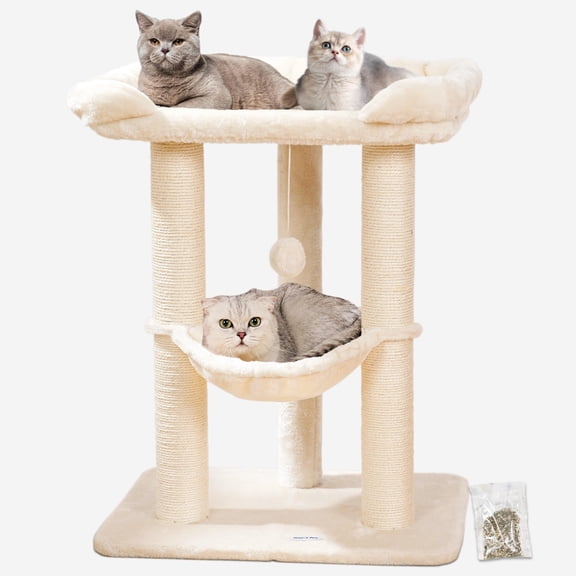 28" Cat Tree, Large Bed for Big Cats, Small Cat Tower with Soft Perch for Window Viewing, Stable Cat Tree Tower, Cat Scratching Post with Hammock, Removable Cover-Gray