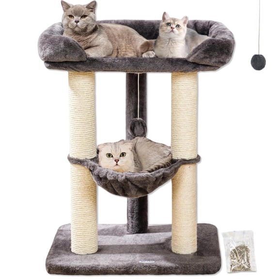 28" Cat Tree, Large Bed for Big Cats, Small Cat Tower with Soft Perch for Window Viewing, Stable Cat Tree Tower, Cat Scratching Post with Hammock, Removable Cover-Gray