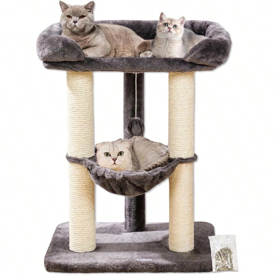 Pets 28" Cat Tree Tower for Indoor Cats, Tall Cat Scratching Post with Large Bed for Maine Coon Big Cats, Sisal Cat Scratcher with Soft Perch & Hammock, Stable Cat Stand, Removable Cover-Gray