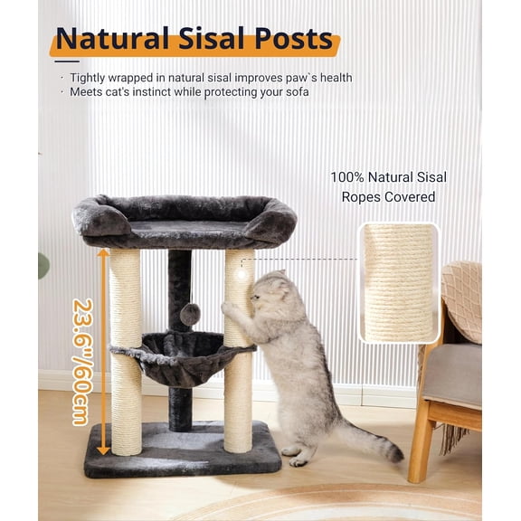 28" Cat Tree Tower, Tall Cat Scratching Post with Soft Perch for Window Viewing, Large Bed for Big Cats, Stable & Compact Cat Tower with Hammock, Removable Cover-Gray