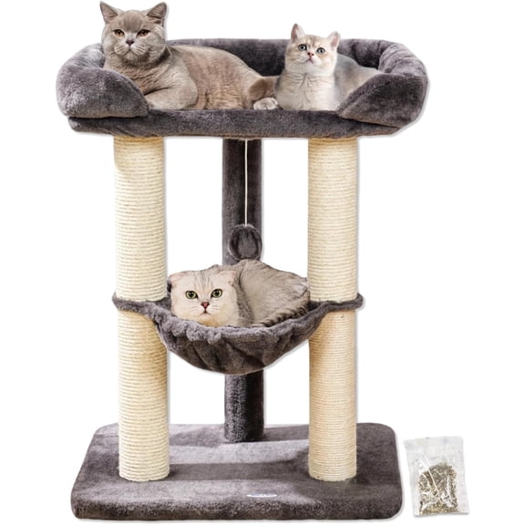 28" Cat Tree Tower, Tall Cat Scratching Post with Soft Perch for Window Viewing, Large Bed for Big Cats, Stable & Compact Cat Tower with Hammock, Removable Cover-Gray