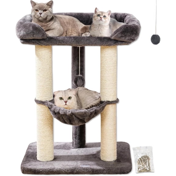 28" Cat Tree Tower, Tall Cat Scratching Post with Soft Perch for Window Viewing, Large Bed for Big Cats, Stable & Compact Cat Tower with Hammock, Removable Cover-Gray