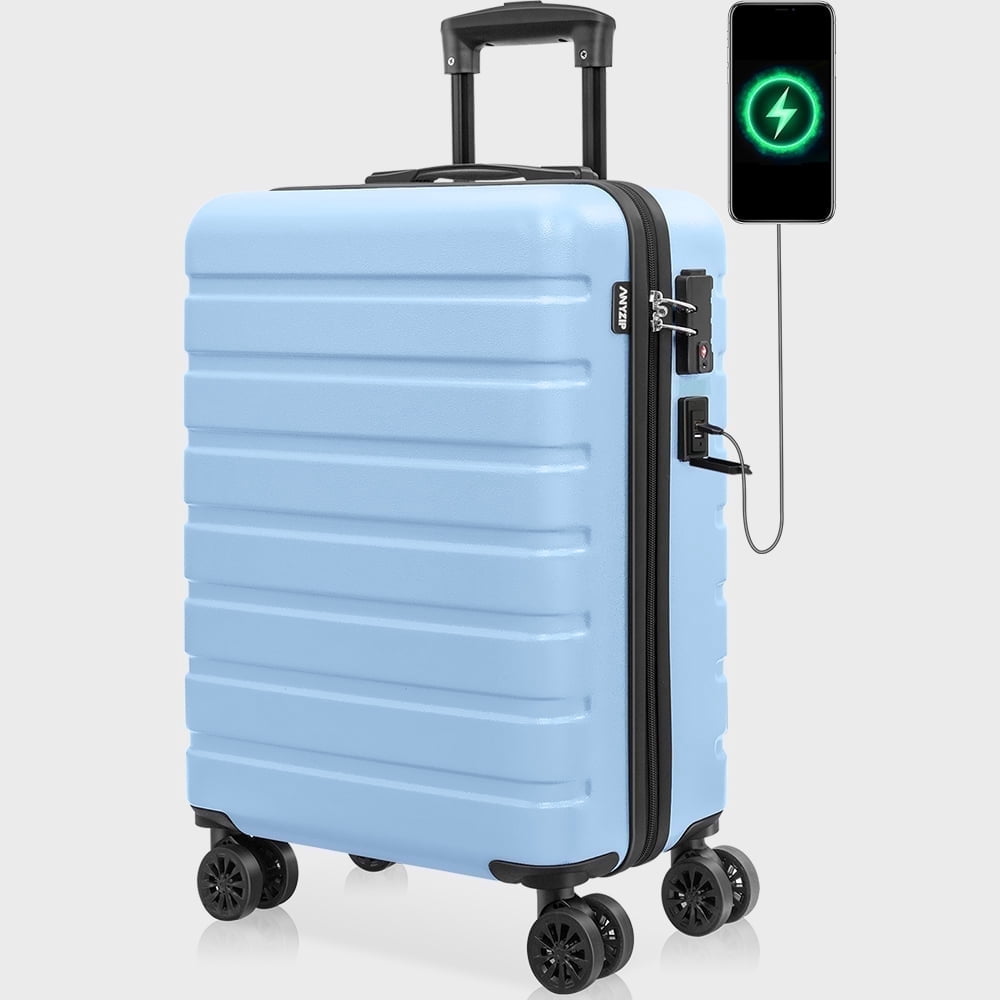 Checked Luggage PC ABS Hardside Suitcase with wheels USB Port Lightweight Luggage with TSA Lock 28 inch LightBlue