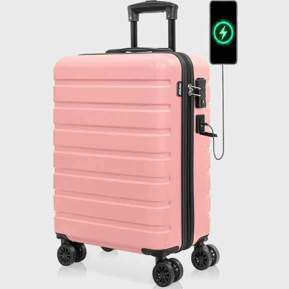 Checked Luggage PC ABS Hardside Suitcase with wheels USB Port Lightweight Luggage with TSA Lock 28 inch Pink
