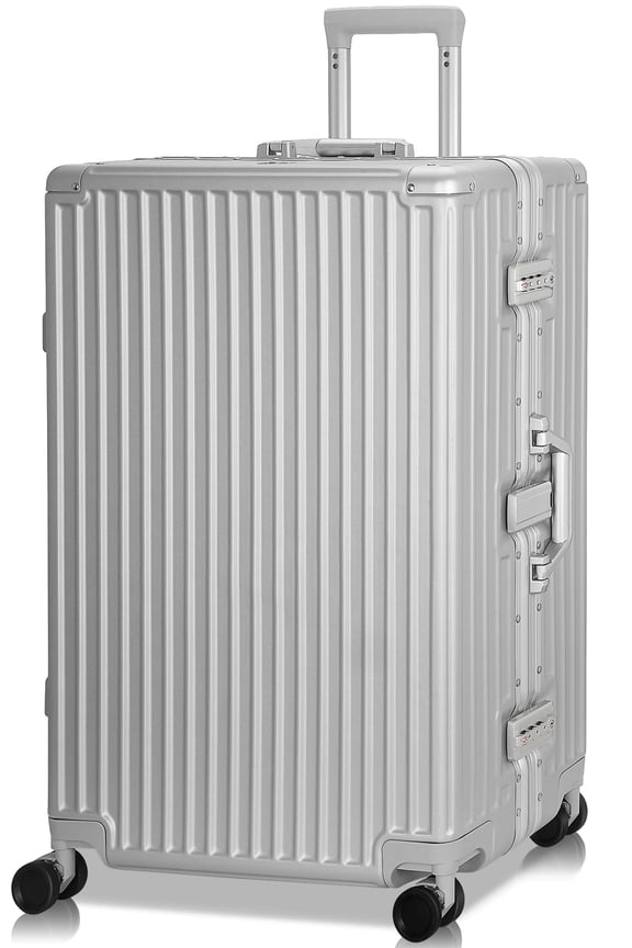 Luggage Aluminium Frame PC ABS Hardshell Suitcase with Spinner Wheels TSA Lock Zipperless Luggage 28 inch Silver