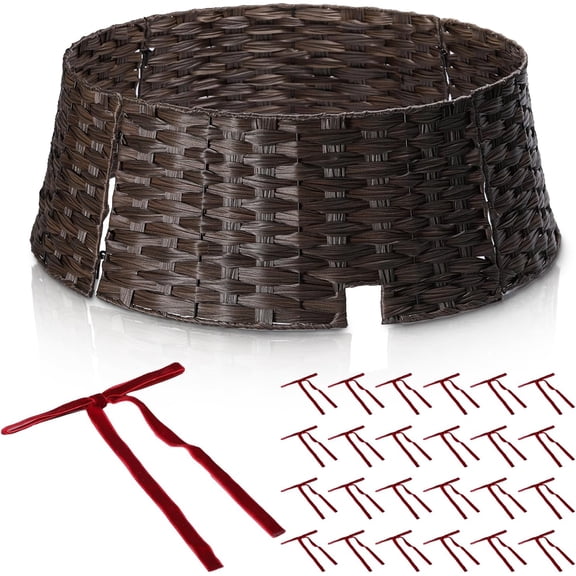 28" Christmas Tree Collar for Pencil Trees with 24Pcs Velvet Christmas Tree Bows,Cord Cut-Out, Basket Tree Skirt Collar Stand for 4.5-9 ft Artificial Trees