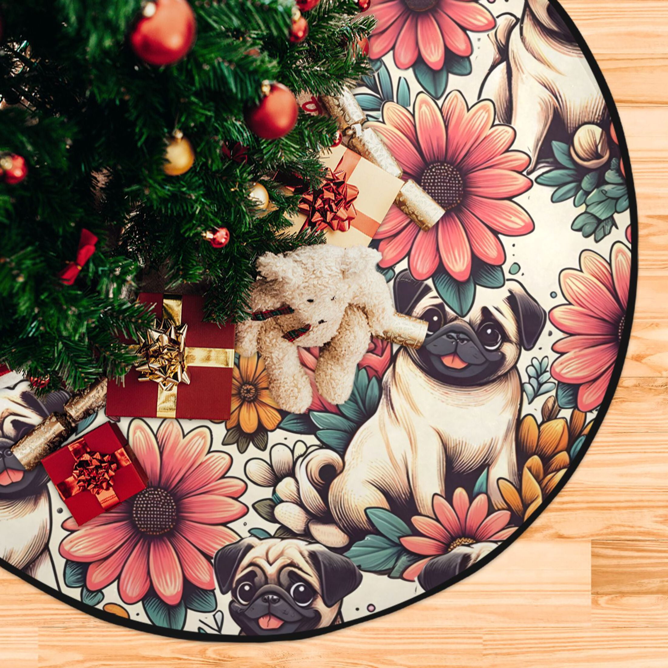 28" Christmas Tree Stand Mat Under Tree Protect Floor Waterproof Pugs