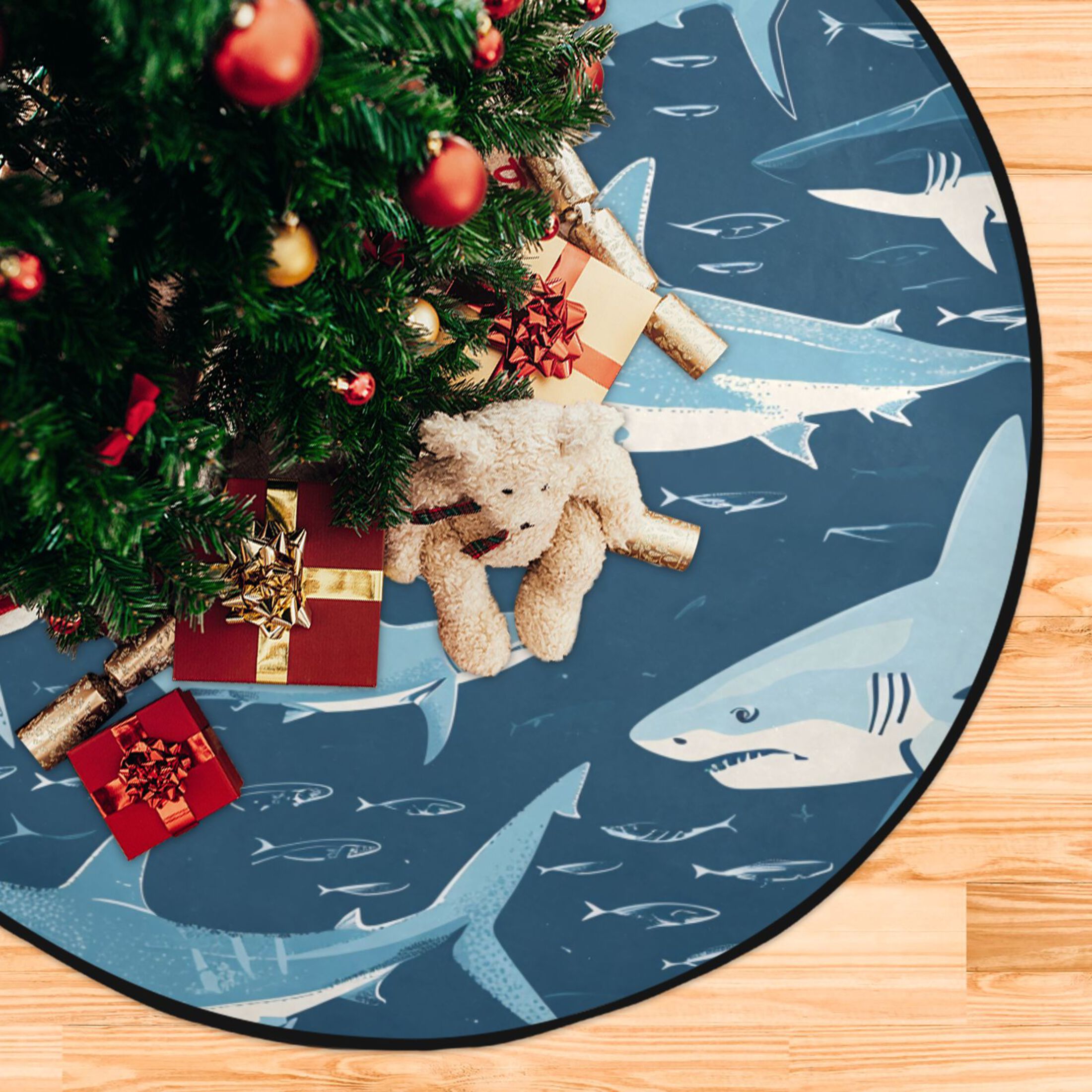 28" Christmas Tree Stand Mat Under Tree Protect Floor Waterproof Sharks