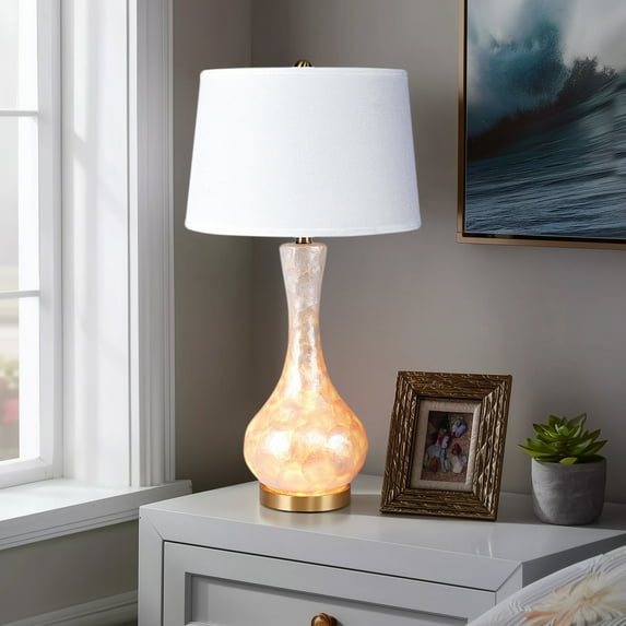 28" Coastal Seashell Bulbous Table Lamp With Night Light,Mother Of Pearl Table Lamp With Antique Bronze Base And Beige Linen Shade,4-Way Rotary Switch,Alabaster Desk Lamp(Bulb Not Included)