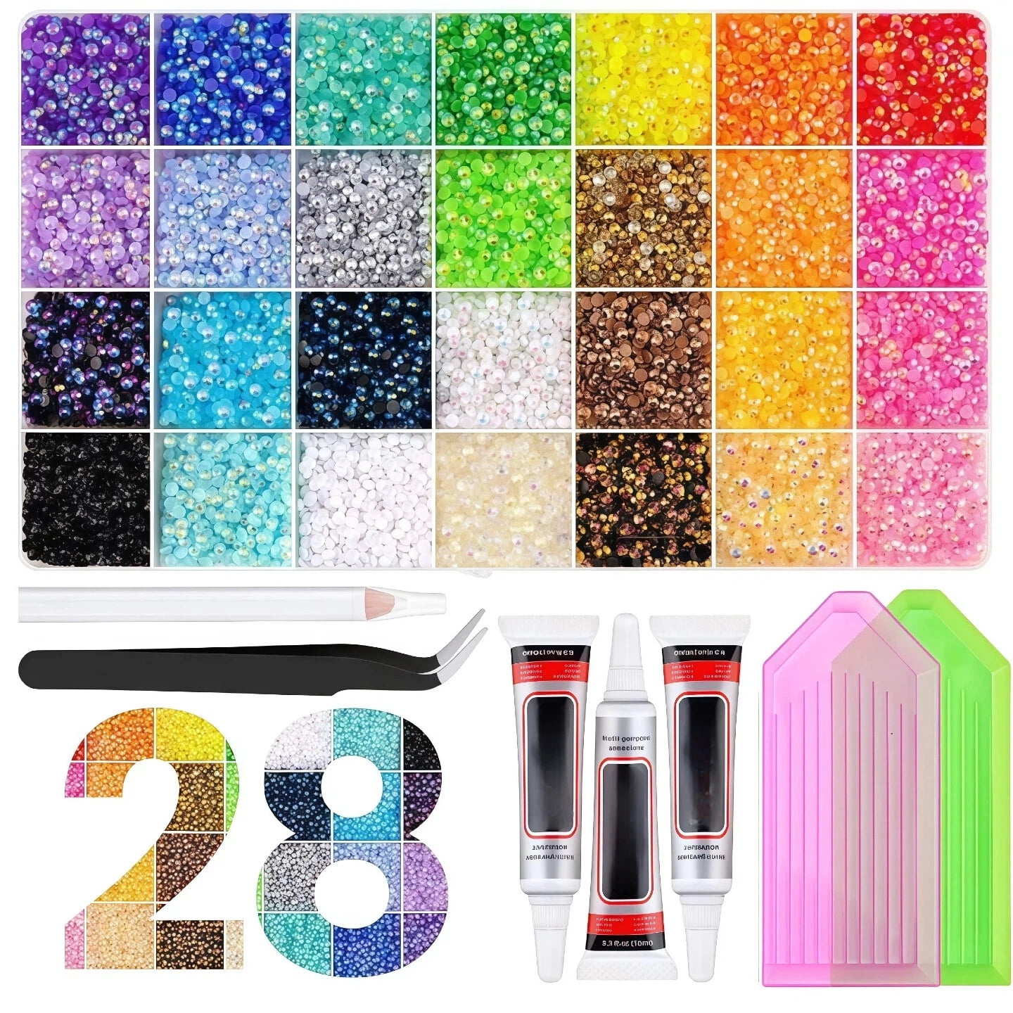 28 Color DIY Resin Rhinestone Kit 32000 Pcs 2-3mm Multicolor Book Bedazzling Kit for Diamond Painting, Clothes, Cup, Shoes, Nails & Craft Projects