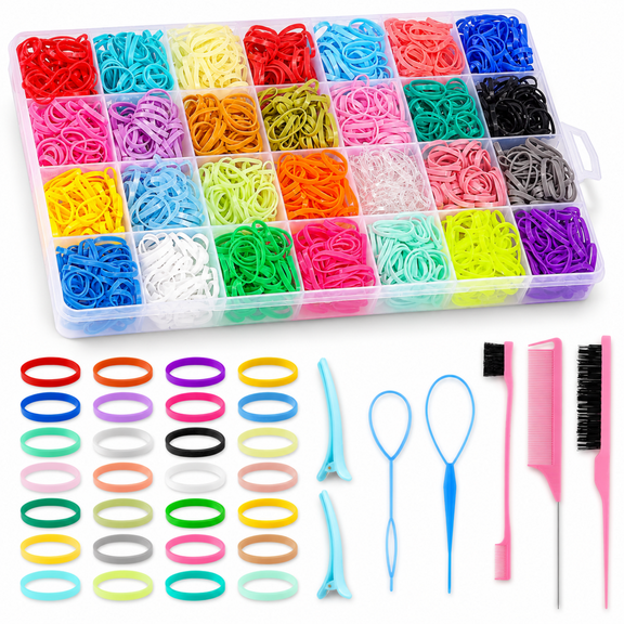28 Colors Rubber Bands for Hair with 8 Styling Tools, 2100 Pcs Small Hair Elastics, Topsy Tail Hair Tool Set for Women and Girls Hair Ties Accessories