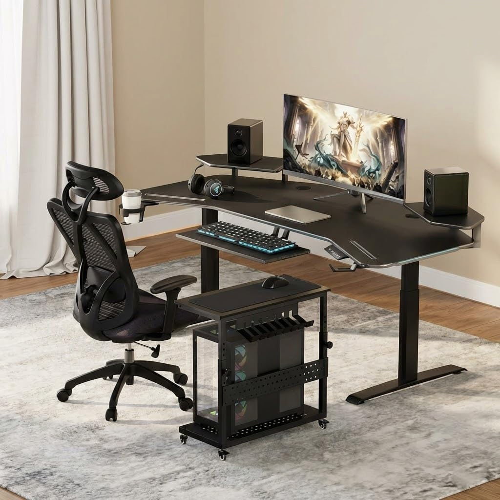 28" Computer Tower Stand, Adjustable Under Desk PC Cart, Mobile Rolling CPU Holder, Perfect for Office,Laptop Desk.