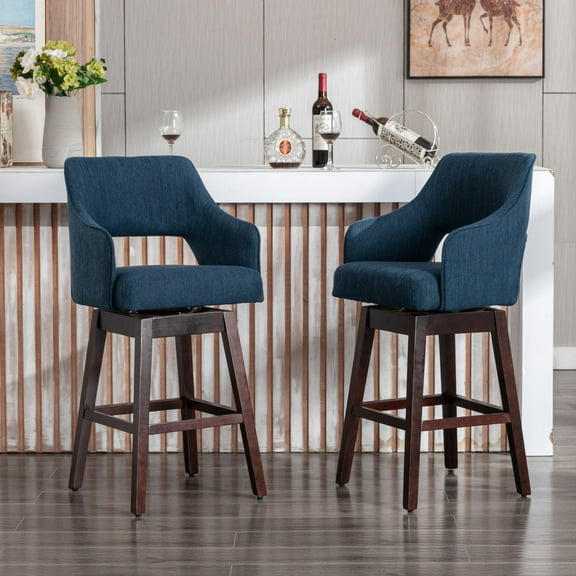 28" Counter Height Bar Stools Set of 2, Swivel Upholstered Barstools with Solid Wood Legs and Footrest, Farmhouse Bar Chairs for Kitchen Island, Blue Linen
