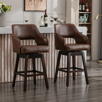 28" Counter Height Bar Stools Set of 2, Swivel Upholstered Barstools with Solid Wood Legs and Footrest, Farmhouse Bar Chairs for Kitchen Island, Brown PU Leather