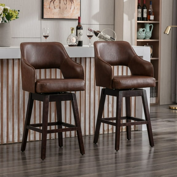28" Counter Height Bar Stools Set of 2, Swivel Upholstered Barstools with Solid Wood Legs and Footrest, Farmhouse Bar Chairs for Kitchen Island, Brown PU Leather