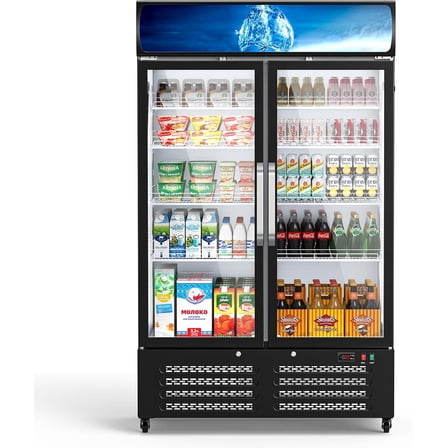 28 Cu Ft Commercial Beverage Fridge - Dual Glass Door, Energy Efficient, LED Lighting & Fan for Restaurant/Shop