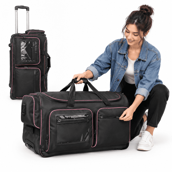 28" Dance Bag With Garment Rack Rolling Duffel Black Pink