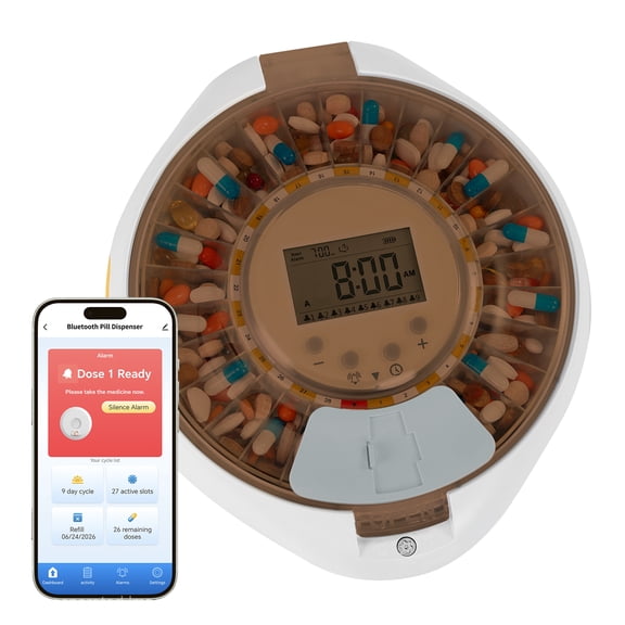 28-Day Bluetooth Automatic Pill Dispenser w/ Alarm & App Setup for Elderly, App/Sound/Light Reminder