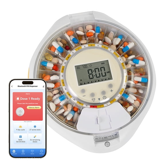 28-Day Bluetooth Automatic Pill Dispenser w/ Alarm & App Setup for Elderly, Up to 9 Daily Doses, Medication Track History